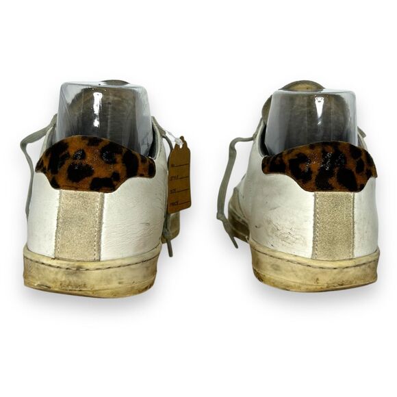 P448 John Sneakers White Leather Leopard Lace Up Sz 37 Womens 7 US Distressed - Picture 6 of 7